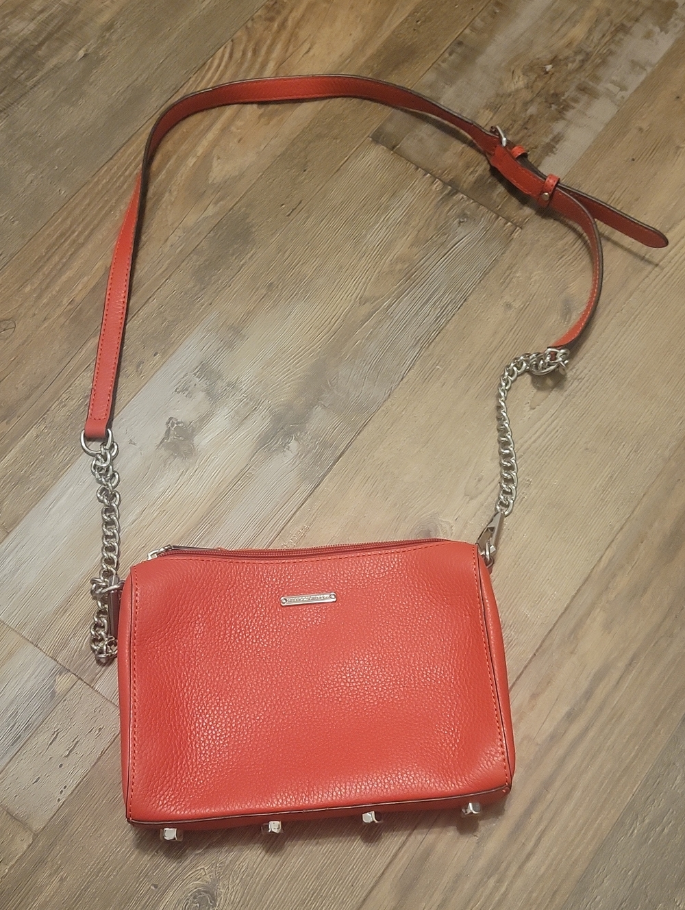 Rebecca Minkoff Coral-Red Pebbled Leather Crossbody with Chain Strap